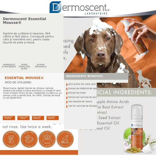 Dermoscent Essential Mousse – Spumă de Curățare fără Clătire pentru Câini – 150 ml